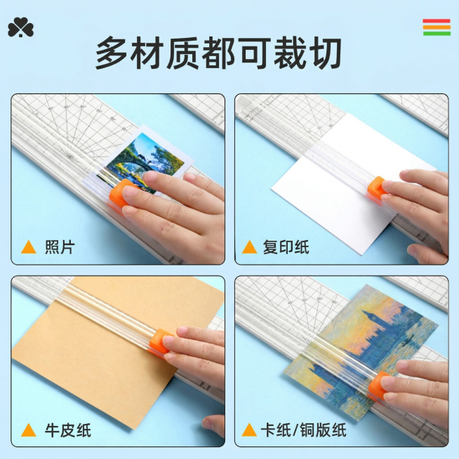 将图中裁纸器的黑色垫板更换为白色，保留所有其他元素、文案内容和构图不变，整体风格与原图保持一致预览效果