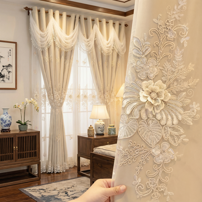 保持窗帘的面料和花纹不变，把室内家居场景换成各种不同的风格，多裂变几张图出来预览效果