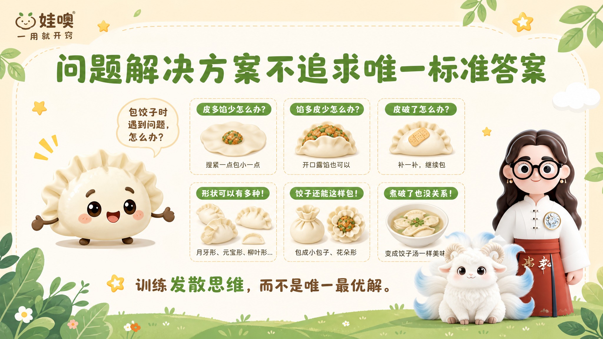 A4横版儿童教育PPT页面，清新杏色和绿色可爱风格，浅杏色背景… - 图片创意预览