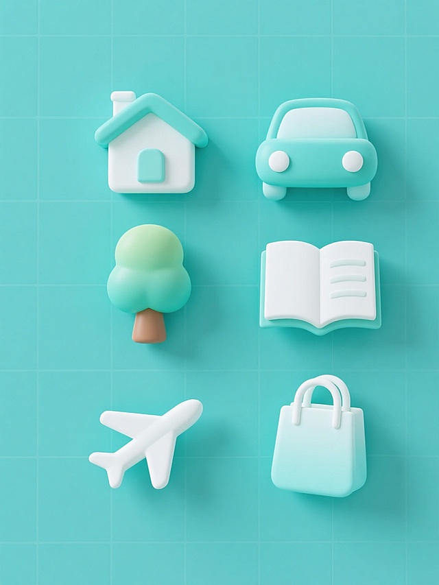 六个不同元素内容的软3D风格图标系列，包含房屋、汽车、树木、书本、飞机、购物袋图标，每个图标具有圆润的边角、柔和的渐变色彩、轻微的立体阴影和高光效果，纯色背景，规整网格排布，整体色彩变换为清新的蓝绿色调，保持统一的软3D设计语言和视觉风格。