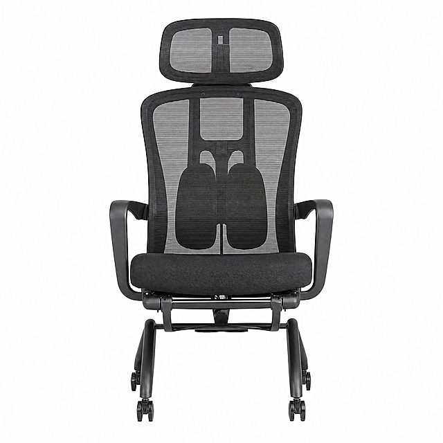 [主图-1] Black ergonomic mesh office chair product main image. Pure white background #FFFFFF, the product is centered and accounts for 85% of the frame. Keep the appearance (physical structure, material texture, color) of the input product image absolutely consistent, eliminate any deformation and chromatic aberration, refined processing. Business photography texture, soft and transparent light, clear and real product, clean and advanced picture. 1:1 square composition, product full front view, outlines complete without cutting. All text is in English, no Chinese characters. No marketing text, no logos, no borders. 4K resolution, ultra HD.