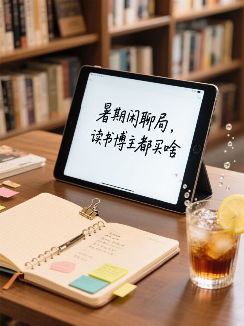 一个书桌，正面摆放着一个 iPad，iPad 上手写字写着“暑期闲聊局，读书博主都买啥”，字迹工整，iPad 尽量占画面中心填满足够大，字也一定要大，iPad 填满画面中心，画面上左下角是打开的浅色格预览效果