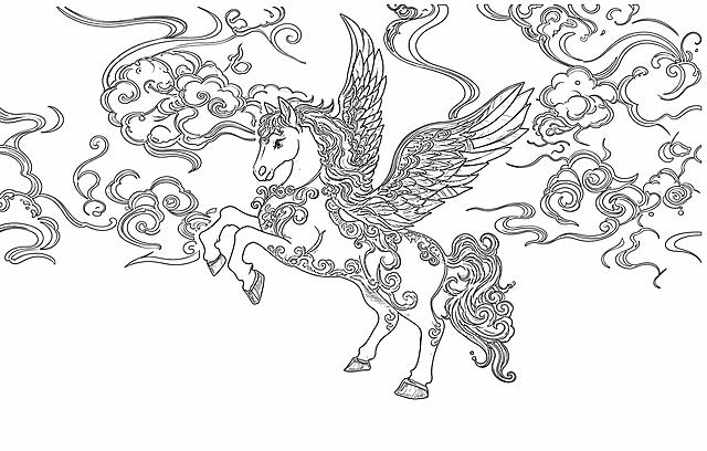 参考图中同款飞马与祥云的造型和构图，生成白底黑色线稿风格插画。纯白色背景，纯黑色线条勾勒，线条流畅清晰，保留飞马的翅膀、鬃毛、身体上的祥云卷草花纹细节，以及周围环绕的中式祥云纹样，整体为线描白描风格，无填充色，无多余色彩，干净整洁的线稿效果