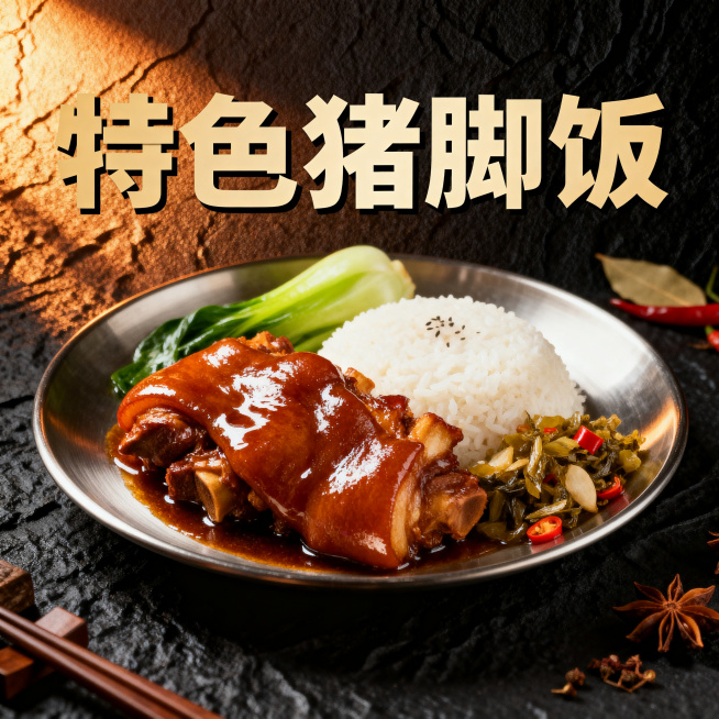 单张菜品海报，深色纹理质感背景，中式餐饮风格，包含食物实拍图和菜品名称，主体为特色猪脚饭，搭配配菜香料点缀，和参考图风格一致，文字是“特色猪脚饭”，排版清晰突出预览效果