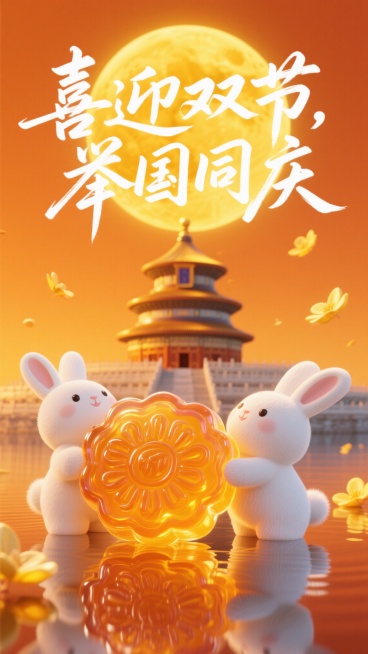 金橙色背景主色调，黄色辅色调，中秋国庆海报，居中构图，“喜迎双节，举国同庆”白色硬朗潦草手写毛笔字，文字尺寸放大占据更大画面比例，重点文字突出，金黄圆月衬托下的天坛金光闪闪，两只毛茸茸的白色兔子抱着月预览效果