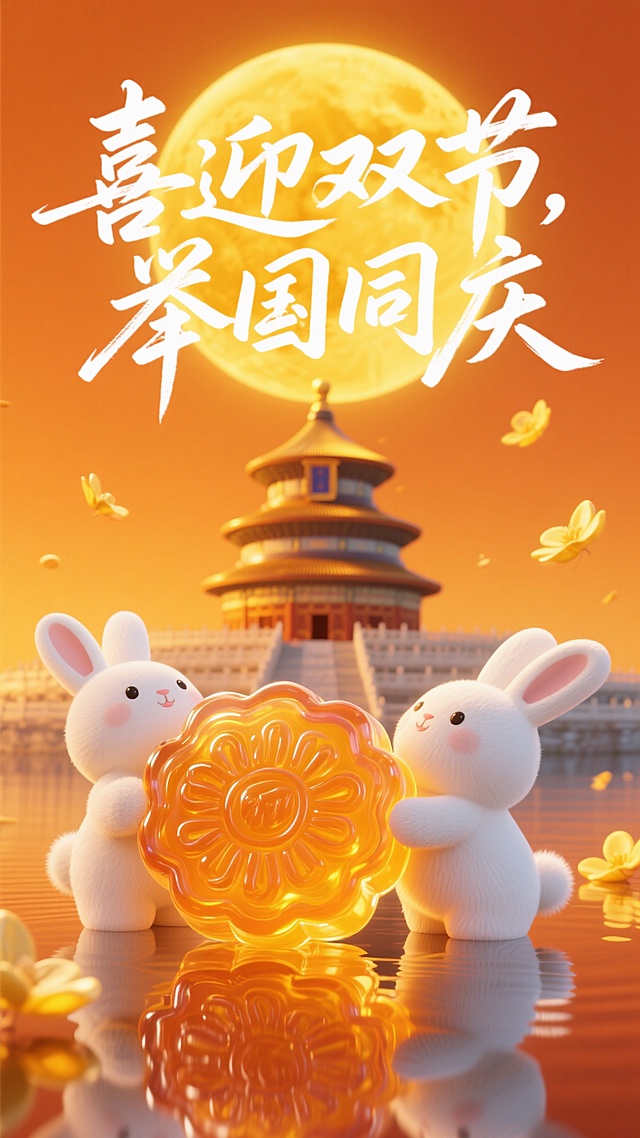 首先双节元素我想到了月饼，嫦娥  玉兔，天安门 、天坛等具有代表性的事物，再次其整个情感主要表达庆祝，喜庆；那么我选择了暖色调，最后一点光纤通透或者花瓣的点缀