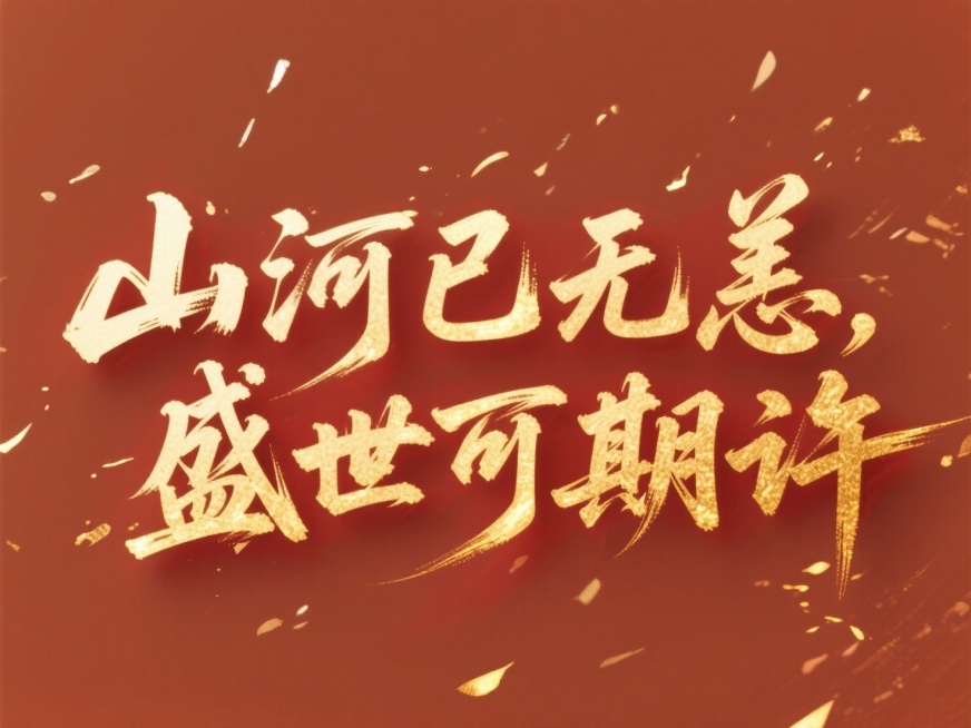 文案“山河已无恙，盛世可期许”金色字体，红棕色背景，红金，中式预览效果