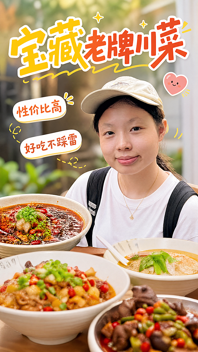 参考前三张图的人物排版，生成一张小红书美食封面，人物使用第四张图中的女生，保持女生主体特征不变，添加俏皮文字主标题"宝藏老牌川菜"，添加装饰文字"性价比高""好吃不踩雷"，整体风格明亮、干净、欢快，柔和的自然光，浅景深，营造温暖诱人的美食氛围