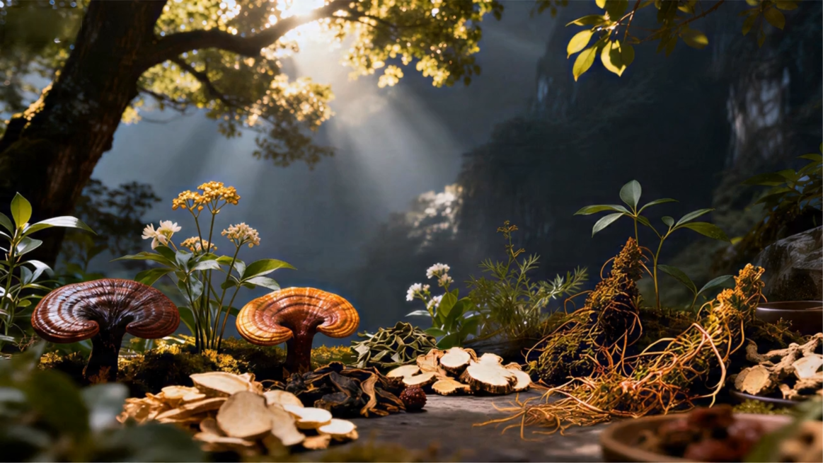 林间雾气微微流动，丁达尔阳光缓慢移动，展现野生中药材的自然静谧氛围预览效果