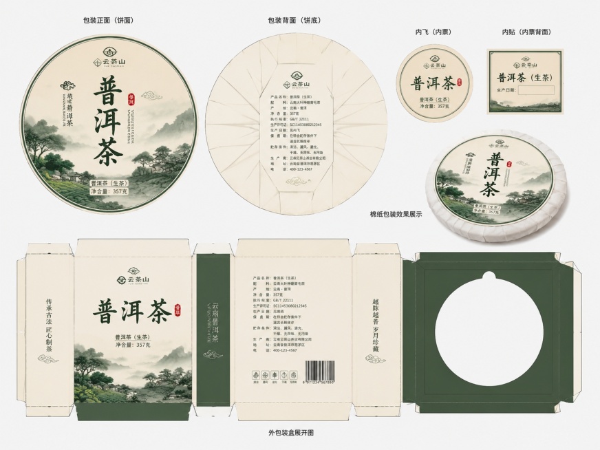 云南普洱茶产品展开图，展示茶叶包装完整展开结构，清晰呈现普洱茶饼包装各个裁切片预览效果