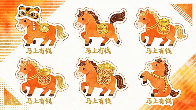 卡通插画风马儿拟人化，鎏金剪纸元素点缀，喜庆描边设计，寓意“马上有钱”，节日氛围浓厚。