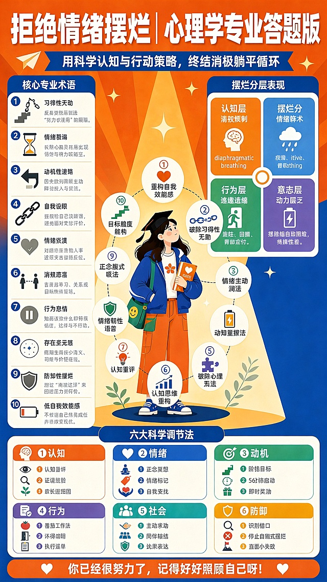 基于第一张图（https://dify-grsai.dancf.com/images/fdd1e56ed953480b824af12d0156aa1b.png）的完整结构与风格（橙蓝主色、中心戴学士帽女生、六大行动维度等），在右侧空白区域（原‘摆烂分层表现’下方或右侧留白处）新增一个模块：‘四大科学调节法’，内容精炼自用户提供的四条方法：1）54321感官静心法 → 图标：五感符号（眼/耳/鼻/舌/手）+ 关键词‘grounding’；2）正念腹式呼吸法 → 图标：腹部起伏线条+呼吸波形 + 关键词‘diaphragmatic breathing’；3）认知思维重构法 → 图标：大脑+箭头转向 + 关键词‘cognitive reappraisal’；4）情绪合理宣泄法 → 图标：对话气泡+释放箭头 + 关键词‘affective expression’。每项采用卡片式排版（圆角矩形背景+图标+1行核心句），整体风格与原海报一致，不遮挡原有内容，确保信息补充自然、专业清晰