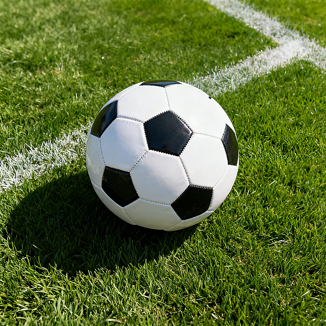 商品摄影图，主体是标准比赛足球，放置在天然草坪足球场上，换一个拍摄角度和之前不同，产品居中展示，光线明亮清晰，商业摄影风格