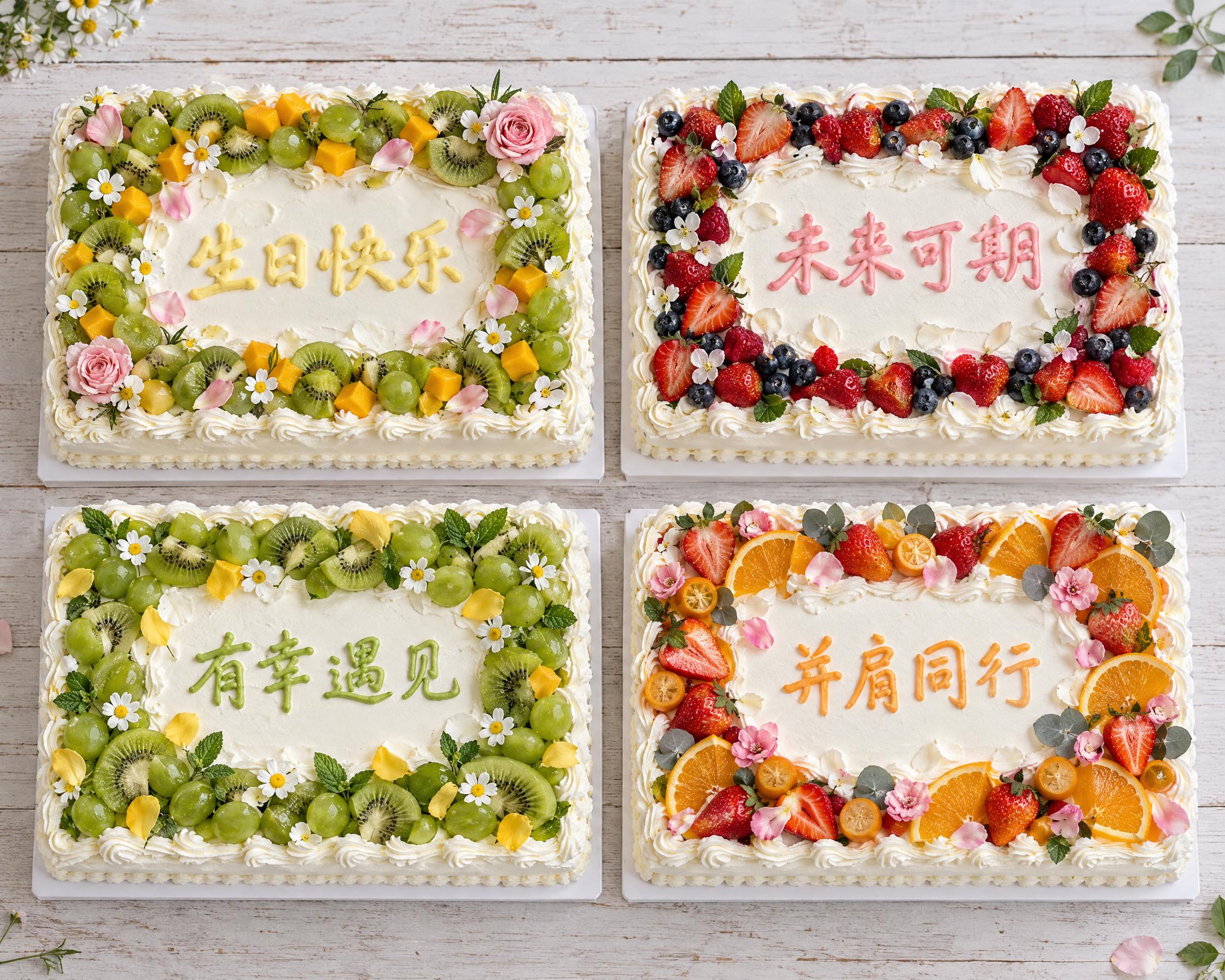参考图中的长方形奶油水果蛋糕风格：白色奶油基底、四周大量新鲜水… - 图片创意预览
