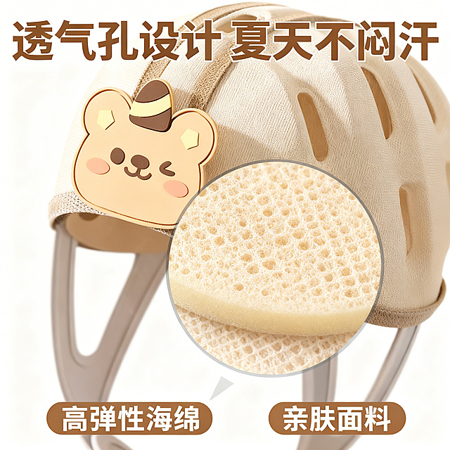 [主图 3] 宝宝防摔护头帽材质细节展示
[氛围/风格] 干净明亮，突出透气材质
[画面元素] 商业摄影质感、光线柔和通透、产品清晰真实、画面干净高级。浅白色干净背景，微距放大展示护头帽透气网孔结构和海绵缓冲材质，放大镜框突出网孔透气性，保留产品小熊装饰外观，细节清晰可见
[配色色系] 主色调：纯白色；辅助色：卡其色，浅棕色
[视角构图] 中心特写布局
[文字版式] 顶部主标题“透气孔设计 夏天不闷汗”卡其色粗体大号字，底部两个标签：“高弹性海绵”“亲肤面料”卡其色底白字，文字简洁不遮挡细节
[比例分辨率] 1:1 比例，2k 分辨率；文字清晰可辨，超高清
[负向提示词]变形，水印，文字错乱，产品图模糊，背景杂乱，改变产品外观