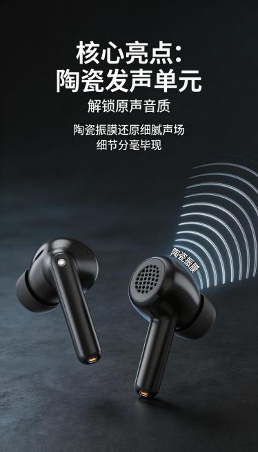【选定风格：科技未来风】，电商详情竖版，蓝牙耳机本体 1:1 还原，细节 / 颜色 / 比例精准，主色亮面黑 (#1A1A1A) 不准改，辅色深空灰 (#333333)、点缀色银色 (#C8C8C8)预览效果