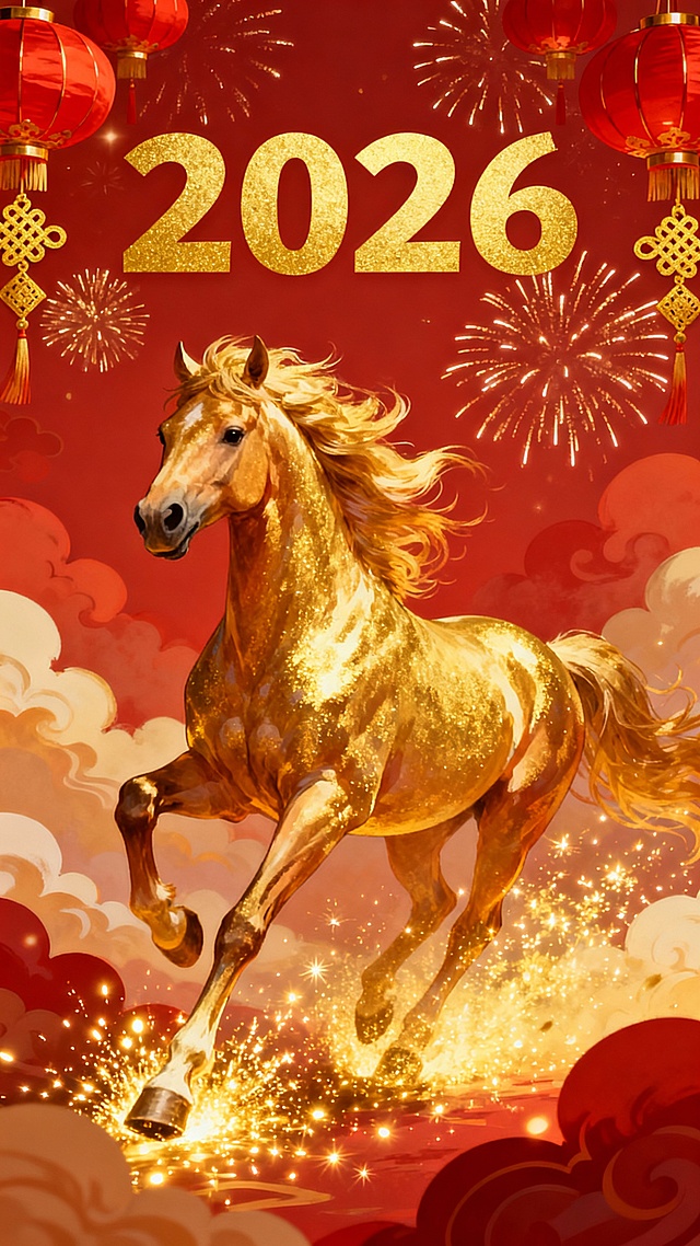 鎏金骏马踏云奔腾，国潮插画风融合重拟物与粒子特效，红金配色尽显喜庆奢华，烟花灯笼烘托梦幻新年氛围，2026年春节贺岁主题。