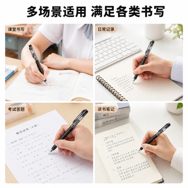 [主图-4] 好来星中性笔多场景适用宫格图，氛围风格生活化真实场景，商业摄影质感、光线明亮通透，画面干净清爽，采用四宫格布局展示四个适用场景，左上展示学生课堂书写，右上展示办公室日常记录，左下展示考试预览效果