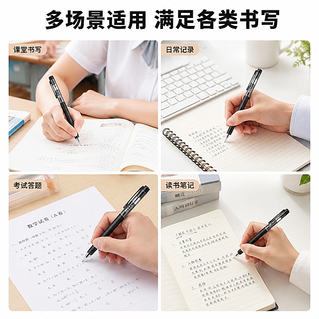 [主图-4] 好来星中性笔多场景适用宫格图，氛围风格生活化真实场景，商业摄影质感、光线明亮通透，画面干净清爽，采用四宫格布局展示四个适用场景，左上展示学生课堂书写，右上展示办公室日常记录，左下展示考试答题，右下展示读书笔记，每个场景都放置好来星中性笔，保持产品外观质感一致，整体构图清晰分区明确不拥挤，光影：每个场景都用明亮自然光线，整体光影统一协调，配色：浅色调为主，每个场景背景干净不抢主体，文字版式：顶部总标题“多场景适用 满足各类书写”黑色粗体，每个宫格角落标注场景名称，小字体不遮挡主体，输出要求 1:1比例，文字清晰锐利，超高清商业摄影质感，负向提示词：变形，文字错乱，产品图模糊，背景杂乱，水印，电商平台Logo