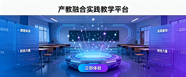 未来感3D课堂，霓虹光影交织，粒子特效环绕中央平台，虚拟现实教学场景，科技与梦幻融合，金属质感强化视觉冲击。