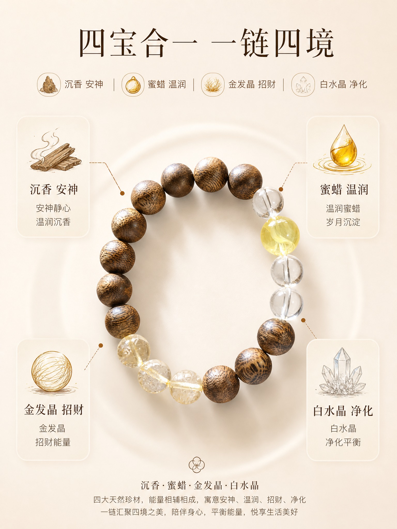 [商品] 使用【图1】沉香水晶手串（沉香木珠+金花蜜蜡+金发晶… - 图片创意预览