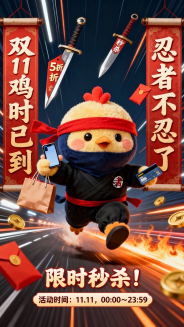 双11促销海报，主角是一只毛绒绒、胖乎乎的小鸡，穿着忍者服装（黑色或深蓝），系红色头带，表情坚定又可爱。小鸡正跃起或冲刺，手里拿着手机、购物袋或信用卡，象征剁手行动开始。画面动感十足，背景可使用速度线预览效果
