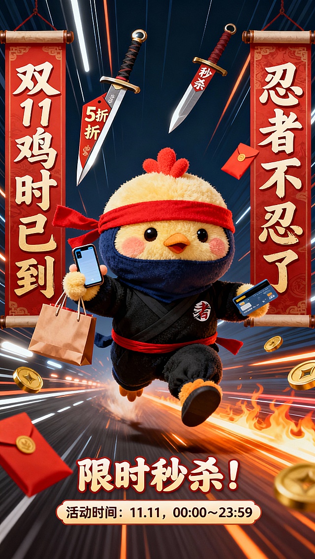 作品以“吉时已到，忍者不忍了”为主题，让毛绒绒萌鸡化身帅气忍者，在双11爆发行动力。画面融合日式忍者元素与国潮可爱风，动感线条与红包飞舞营造节日冲击力。小鸡手握手机、跃动出击，象征“买买买”的剁手时刻。标题谐音“机会已到”，幽默表达连忍者都忍不住购物的欢乐氛围，趣味十足、极具视觉张力。