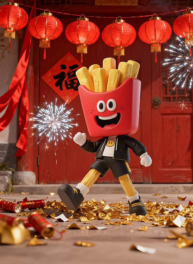 3D卡通薯条拟人形象，国潮风设计，喜庆烟花背景，节日氛围浓厚。