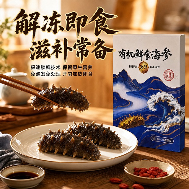 [主图-4] 食用场景与便捷性 解冻即食 极速锁鲜 家庭滋补场景
[统一基调] 国潮品质风 深蓝金配色 主标题用粗笔刷书法字 米白字加浅金描边 辅助文案用清爽黑体 整体高端大气 传递专业靠谱的滋补食品质感
[画面] 温馨的中式餐桌场景 木质桌面 中央摆放一个精致的白瓷盘 盘中盛有三只烹制好的即食海参 摆盘精美 旁边有一小碟蘸料和枸杞点缀 背景虚化 能看到模糊的厨房暖光 画面右侧竖立着产品礼盒 占画面30% 礼盒外观与输入图完全一致 画面上方主标题 解冻即食 滋补常备 下方辅助文案 极速锁鲜技术 保留原生营养 免泡发免处理 开袋加热即食 画面左下角有一双筷子正要夹起海参的动态感
[光影质感] 暖色调自然光 从侧上方照射 餐桌上有柔和的光影 海参表面油亮有食欲感 整体温馨有生活气息 产品礼盒光影与场景融合
[配色] 主色暖木棕 深蓝 辅助色金色 米白 食物自然色泽 整体温暖有食欲
[文字版式] 主标题粗笔刷书法字 深褐色加浅金描边 位于画面上方 辅助文案黑色清爽黑体 分两行排列在主标题下方 字号为主标题50%以下
[输出要求] 1:1比例 2048*2048 文字清晰可读 产品清晰不变形 场景真实自然 无错字 无水印 无平台Logo 无杂乱元素