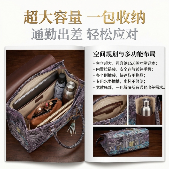 严格还原产品细节，主体为大号托特包，打开展示内部空间，放入日常通勤物品笔记本、雨伞、水杯、化妆品，暖光展示，突出大容量设计。主标题：“超大容量 一包收纳”，烫金衬线字体，画面上方居中；副标题：“通勤出预览效果