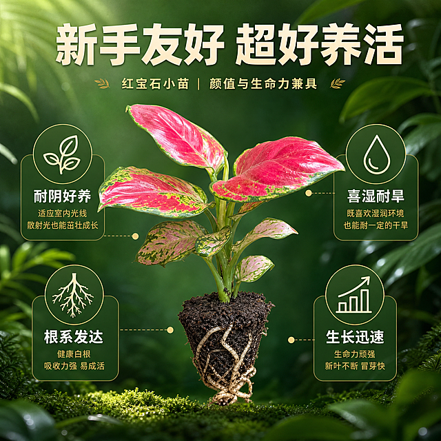 [主图-4] 好养易活卖点图 展示红宝石小苗顽强生命力与养护简单的特点
[统一基调] 整体风格为清新治愈的雨林自然风 背景主色为深绿与翠绿色渐变 标题字色为米白色 辅助字色为浅金色 强调色为叶片玫红色 字体为简洁现代无衬线粗体 字号层级分明 卡片采用半透明深绿圆角轻边框样式
[画面] 画面中央是红宝石小苗 主体占比约50% 根部带健康的白色根系和土球 展示根系发达状态 周围用图标和文字展示四个养护卖点 分别是耐阴 喜湿 耐旱 生长快 每个卖点配一个简约的线性图标 背景是柔和的雨林绿色渐变 有虚化的叶片轮廓 整体画面信息清晰 突出好养的特点
[光影质感] 商业产品摄影质感 均匀柔和的光线 植物清晰立体 根系细节可见 整体光影干净明亮
[配色] 背景浅绿色渐变 叶片玫红色突出 图标和文字深绿色 点缀浅金色 整体清新明快
[文字版式] 顶部主标题"新手友好 超好养活" 四个卖点图标分布在植物四周 分别配文"耐阴好养" "喜湿耐旱" "根系发达" "生长迅速" 文字排版对称美观 不遮挡主体
[输出要求] 1:1正方形 2048*2048像素 产品清晰 文字图标清晰可读 禁止变形 错字 模糊 杂乱 水印 平台Logo
