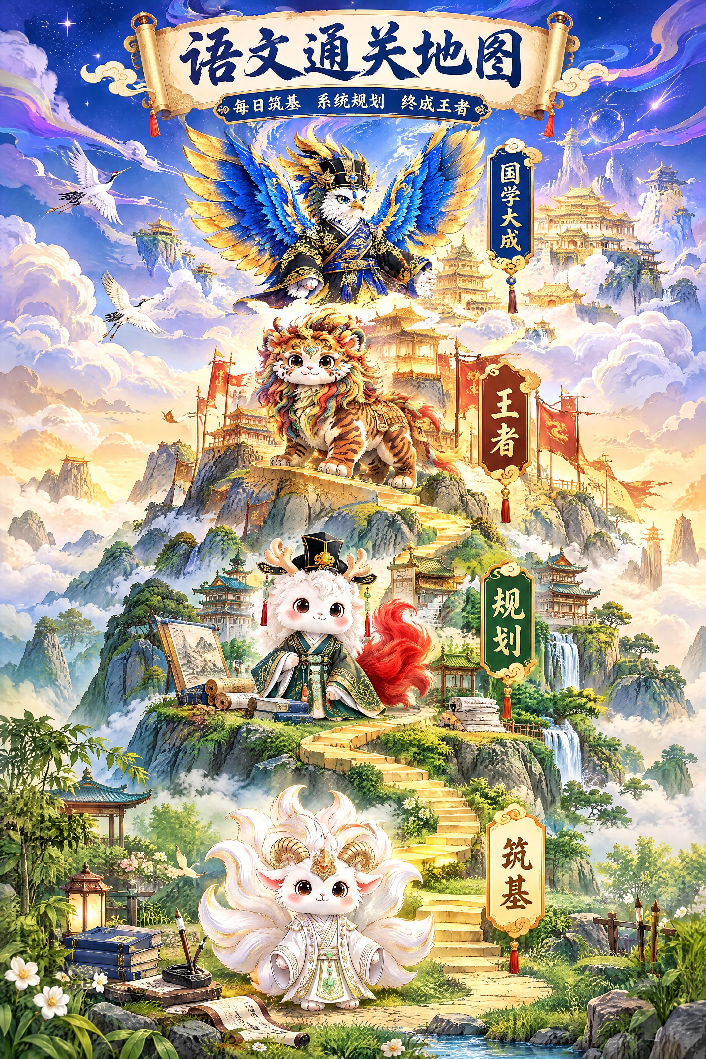 一张精美的国风语文通关地图插画，竖版递进式构图，画面顶部居中是… - 图片创意预览