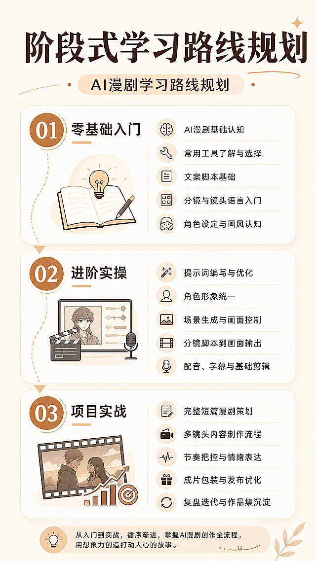 AI漫剧学习路线规划，大标题写"阶段式学习路线规划"，分为零基础入门、进阶实操、项目实战三个阶段，每个阶段列出核心学习内容，风格简约清晰，暖米色背景，竖版小红书图文，无水印，文字无错别字