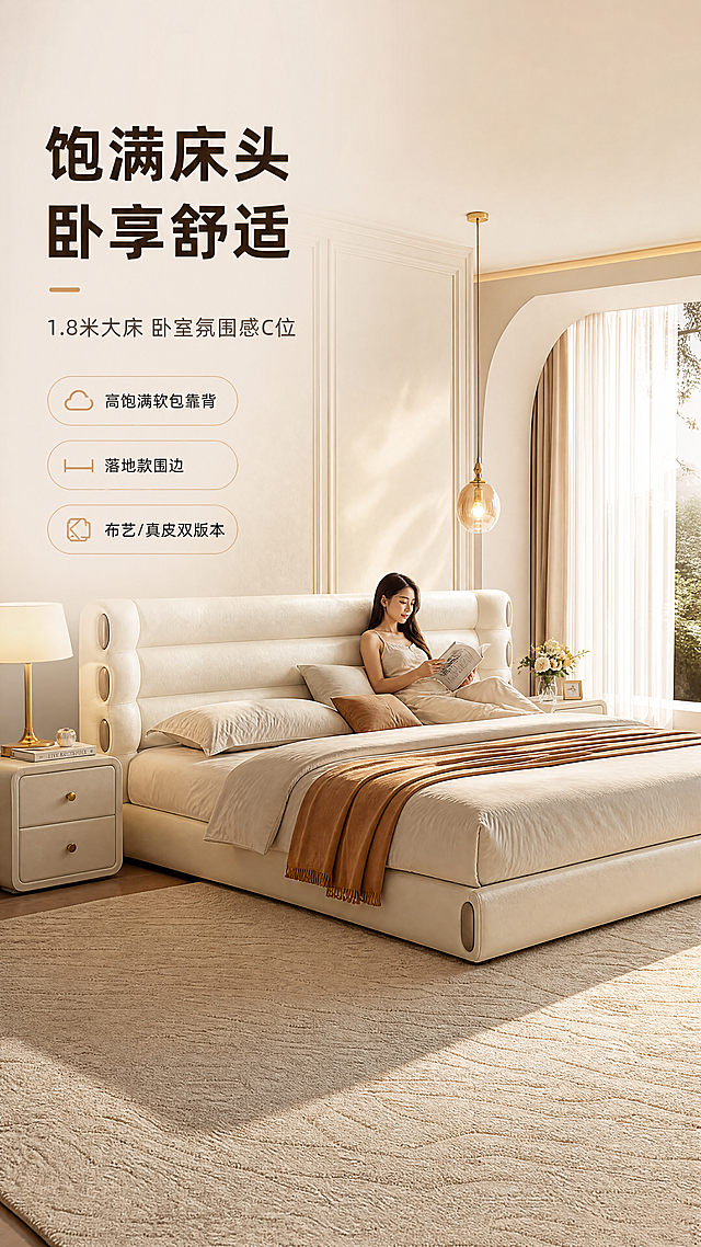 [商品] 使用【图1】米白色高饱满软包床头床架；商品处理：保留床头横向分段软包造型、落地围边结构、床架整体比例和米白浅色调；增强软包饱满度和面料质感，缝线清晰，床架轮廓完整，不改变结构和颜色。
[画面] 页面目标：头图海报，卧室氛围感C位展示1.8米大床。左文右景竖版构图，左侧约1/3留白放文案，右侧2/3为明亮卧室大场景。产品位于画面中心偏右，占画面约60%，床头正对观众略侧15度，前景铺浅米色地毯，中景是床和两侧床头柜，后景是落地窗+白纱帘+暖光吊灯，营造慵懒午后阳光卧室氛围。一位年轻女性侧身倚靠在床头看书，姿态自然放松，体现睡前倚靠的舒适感。
[视觉] 套系策略：风格=现代轻奢温馨卧室商业摄影；标题字=粗黑体现代无衬线；正文字=简洁无衬线体；主色=奶白米杏；背景延展=基于奶白米杏做深浅层级、同色渐变和细腻织物/哑光墙面质感；强调色=暖驼色，仅用于小面积图标、引线和标签；标题色=深暖棕；正文色=中暖灰；组件=圆角浅底信息卡、细线引线、胶囊卖点框；光影=左前侧暖柔自然光，窗边逆光勾勒轮廓，整体亮色调。
[文字] 左侧竖列排版：主标题"饱满床头 卧享舒适"（8字），副标题"1.8米大床 卧室氛围感C位"（12字），下方3条胶囊卖点：「高饱满软包靠背」「落地款围边」「布艺/真皮双版本」，文字不遮挡床头主体和人物。
[规格] 图片比例9:16竖版，4K，避免变形、错字、文字过小、冷蓝/蓝灰背景、床颜色改变、结构失真、绝对化用语。