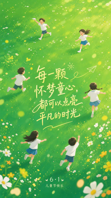 竖版六一儿童节海报，简约插画风，明亮的青绿色草地背景上，几个穿着白上衣的孩子在草地上奔跑嬉戏，他们的身影和地上的花朵、光斑融为一体。画面中央用同色系的浅黄线条写着“每一颗怀梦童心，都可以点亮平凡的时光预览效果