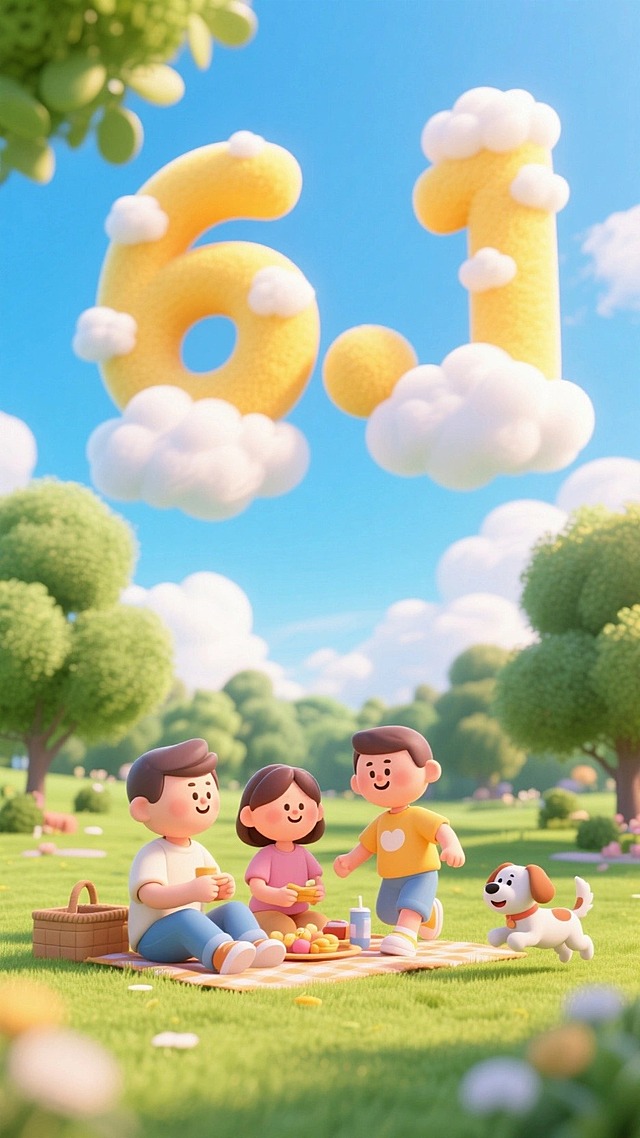 一家三口在公园野餐，旁边面有小狗绕圈跑，背景天空上有巨大用云朵组成的数字“6.1”