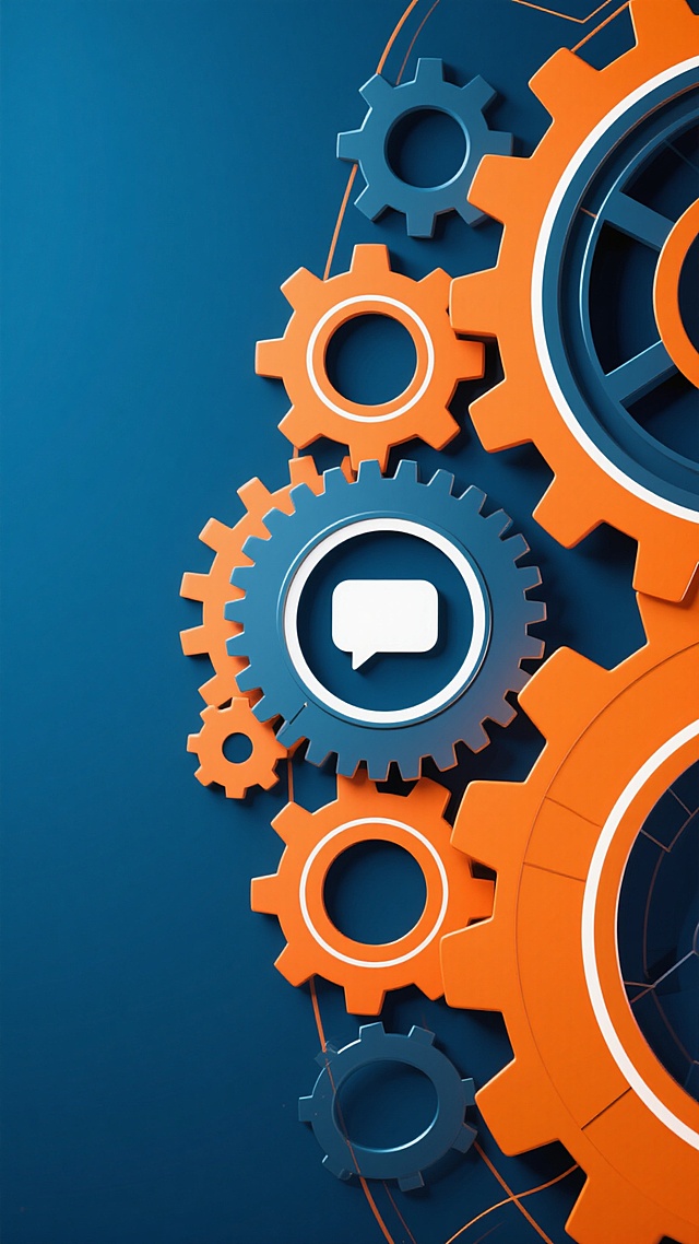以深蓝色为主色调，搭配橙色作为点缀，采用几何抽象风格的齿轮图案设计，齿轮元素以对角线构图从右下角向左上角延伸，大小齿轮相互咬合形成动态视觉效果，中心位置放置一个带有对话气泡图标的齿轮作为视觉焦点，齿轮边缘有精细的白色描边，整体画面具有强烈的金属质感和立体阴影效果，背景为渐变的深蓝色，营造出科技感与机械美学的视觉氛围。