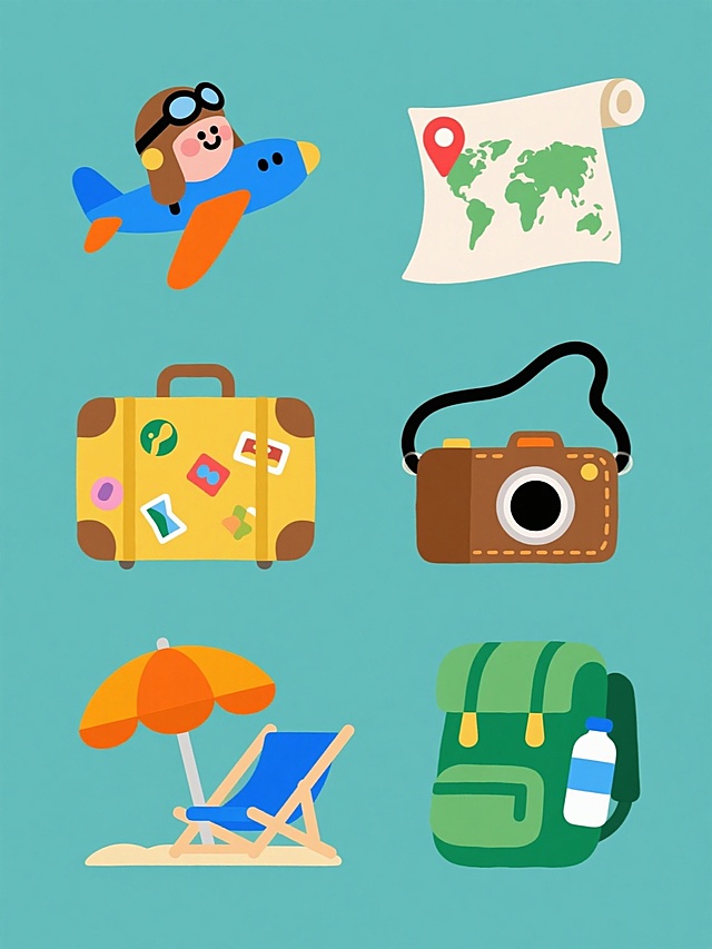 系列旅行元素插画集合，采用简约扁平风格，纯色背景，六个规整排布的不同旅行元素内容：左上角为戴着飞行员帽的卡通飞机，机身蓝色，机翼橙色；右上角是卷边的世界地图，点缀红色定位标记；左中为黄色行李箱，贴满彩色旅行贴纸；右中是棕色皮质相机，镜头朝右，挂着黑色背带；左下角为橙色太阳伞和蓝色沙滩椅组合；右下角是绿色登山背包，侧面插着白色水瓶，所有元素均采用圆润线条，鲜明色块，无渐变阴影，保持统一的卡通插画风格。