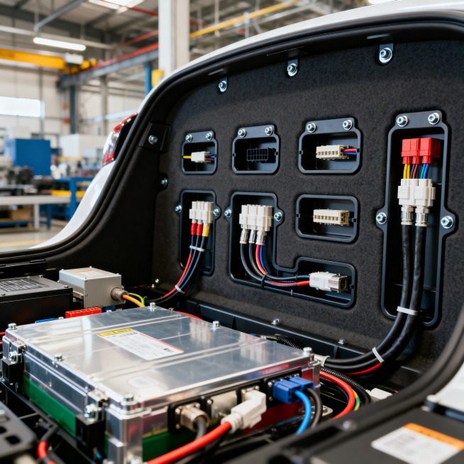 线束固定座的实际应用场景图，通过螺丝固定在新能源汽车的电池舱内壁，多个卡槽内排布着不同规格的高压线束，周围是电池模组和其他电控部件，环境为汽车电池装配车间场景，光线自然，真实还原使用场景，细节清晰预览效果