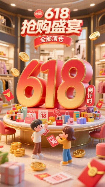巨大的数字“618”在画面中间，红金渐变，带有闪亮效果。旁边是简单的“倒计时”。背景为豪华的购物厅，桌子上摆满了各种特卖商品和折扣标签。男生女生在前面抢购，旁边有金币、红包和优惠券。主标题"618抢购预览效果