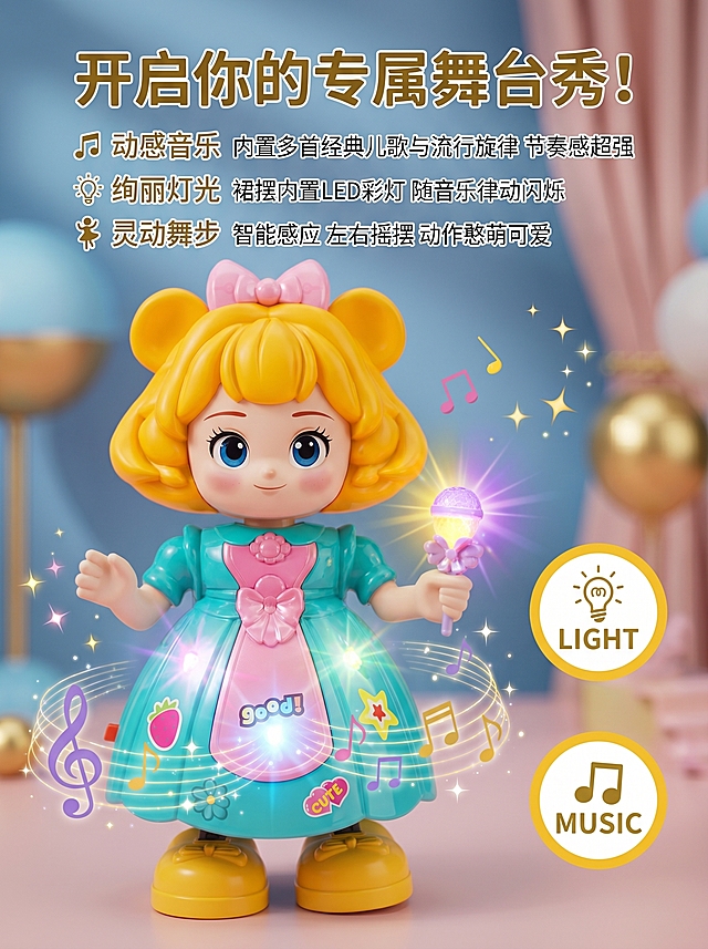 [主图 2] 核心声光电玩法展示，突出灯光音乐灵动舞步特点。[氛围风格] 产品特写展示，梦幻互动氛围。[画质] 商业摄影质感，细节清晰，光线通透，产品真实。[元素] 主体选取Kitty公主特写，重点展示她手中魔法棒和裙摆灯光效果，画面添加流动音符和闪烁星光特效，模拟音乐灯光运行状态。右侧放置两个圆形图标分别标注"LIGHT"灯光和"MUSIC"音乐。保持Kitty公主娃娃外观蓝绿裙子颜色和原图一致，精细化处理，产品不变形。背景保持浅调梦幻舞台风格。[光影] 主体娃娃光线充足，灯光特效自然，音符星光点缀光影，整体通透。[配色] 延续浅蓝梦幻主色调，搭配灯光黄/紫色点缀，干净清爽。[视角构图] 左大特写右小图标构图，主次分明，突出产品核心特点。[文字版式] 顶部大标题："开启你的专属舞台秀！"，正文分三点带图标排列：🎵 "动感音乐 内置多首经典儿歌与流行旋律 节奏感超强"；💡 "绚丽灯光 裙摆内置LED彩灯 随音乐律动闪烁"；💃 "灵动舞步 智能感应 左右摇摆 动作憨萌可爱"。文字排版清晰，不遮挡主体特写。[比例分辨率] 3:4比例，2k分辨率，文字清晰可辨，超高清。[负向提示词] 变形，水印，文字错乱，产品模糊，背景杂乱，排版拥挤