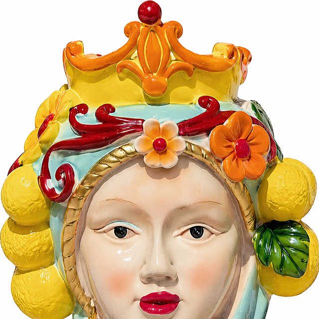 [Main Image 2] Close-up detail display of Sicilian Head Resin Planter.
[Atmosphere Style] Exquisite craft detail display, high-definition material texture, professional commercial photography.
[Image Quality] Super clear close-up, commercial photography texture, sharp texture details, high contrast, true color reproduction.
[Elements] Close-up focus on the top of the Sicilian human head planter, showing the three-dimensional carving of lemon, flowers, fruit and leaves, the gold decoration details on the crown, the smooth glaze and hand-painted color effect. Keep the product's carving details, material texture and color absolutely consistent with the original image, no deformation. The carved part occupies 70% of the picture, and the background is pure white to highlight the product details. comply with Amazon cross-border platform specification, no additional Chinese text, no marketing information.
[Light and Shadow] Soft studio light, main light highlights the raised carving contour, auxiliary light lightens the shadow, the three-dimensional sense of the hierarchy is clear, and the smooth glaze refraction effect is displayed.
[Color Matching] Main colors: yellow lemon, orange flower, green leaf, gold decoration; pure white background.
[Perspective Composition] Close-up partial front view, focus on the carved part, clear focus.
[Proportional Resolution] 1:1 ratio, 2048x2048 resolution, 4K, ultra high definition.
[Negative Prompt] Deformed, watermark, text disorder, blurred product picture, messy background, Chinese characters, marketing text.