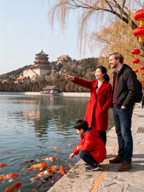 一个中国母亲 一个外国父亲和一个小孩春节在北京旅游画面，10张景点游玩，几张有导游的图预览效果
