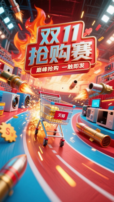 采用热血竞技风格，主色调为火焰红与电光蓝，画面呈现激烈的购物赛场，有写着 “双 11 抢购赛” 的立体金属标语牌，赛场中央是飞速滑动的购物车，周围飞溅着代表优惠的金色火花，各类数码、家电等热门商品如炮预览效果