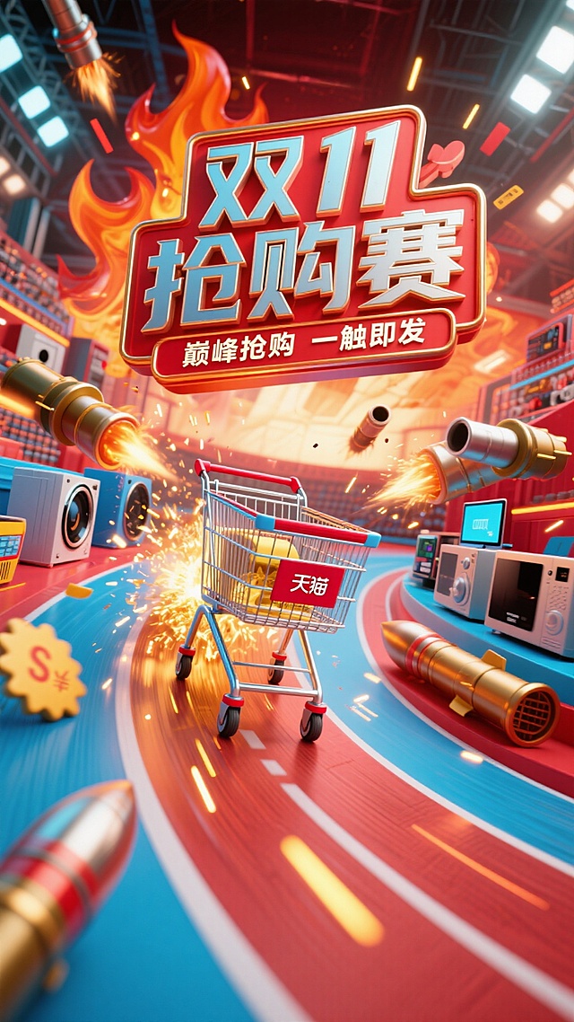 采用热血竞技风格，主色调为火焰红与电光蓝，画面呈现激烈的购物赛场，有写着 “双 11 抢购赛” 的立体金属标语牌，赛场中央是飞速滑动的购物车，周围飞溅着代表优惠的金色火花，各类数码、家电等热门商品如炮弹般从两侧射出，文字用极具力量感的字体突出 “巅峰抢购 一触即发”。