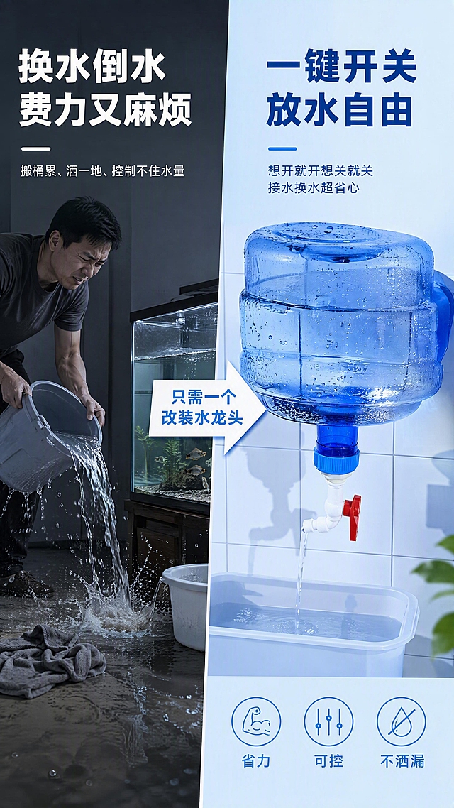 [第2张] 详情页痛点解决——养鱼换水接水麻烦？一桶搞定放水自由。本张使用【图6】作为产品主体（倒置饮水桶出水效果）。
[氛围/风格] 功能对比风，左右分栏痛点对比版式，清爽实用，商业摄影质感。
[元素布局] 画面左右分栏，左半部分为痛点场景（暗灰色调，手捧沉重水桶倒水费力，水花四溅，鱼缸旁一片狼藉的示意），右半部分为解决后场景（明亮蓝白色调，倒置的蓝色饮水桶安装水龙头后轻松出水，水流稳定，下方接水容器整洁）；右侧产品（倒置桶+水龙头）占画面约45%，产品结构、颜色与输入图一致；中间用箭头分隔，箭头指向右侧。
[光影质感] 左侧偏暗冷光营造麻烦感，右侧明亮柔光营造便捷感，右侧产品有清晰高光，对比强烈。
[配色色系] 全局底色左右分区，左侧 #546E7A 灰蓝暗色，右侧 #E3F2FD 亮蓝色；主色 #2196F3 蓝色；辅助色 #F44336 红色；文字色左侧白色、右侧深蓝色。
[视角构图] 左右对比构图，中间箭头引导视线从左到右，产品位于右侧中心位置。
[文字版式] 左侧顶部大字号白字「换水倒水 费力又麻烦」，下方小字「搬桶累、洒一地、控制不住水量」；右侧顶部大字号深蓝字「一键开关 放水自由」，下方小字「想开就开想关就关 接水换水超省心」；中间箭头上方写「只需一个改装水龙头」；右下角3个小图标+标签：「省力」「可控」「不洒漏」。
[比例分辨率] 9:16 竖版比例，4K分辨率，文字清晰可辨，高清画质。
[负向提示词] 产品变形，水龙头结构错误，颜色偏差，水印，文字错乱，痛点场景过于夸张恶心，产品模糊。