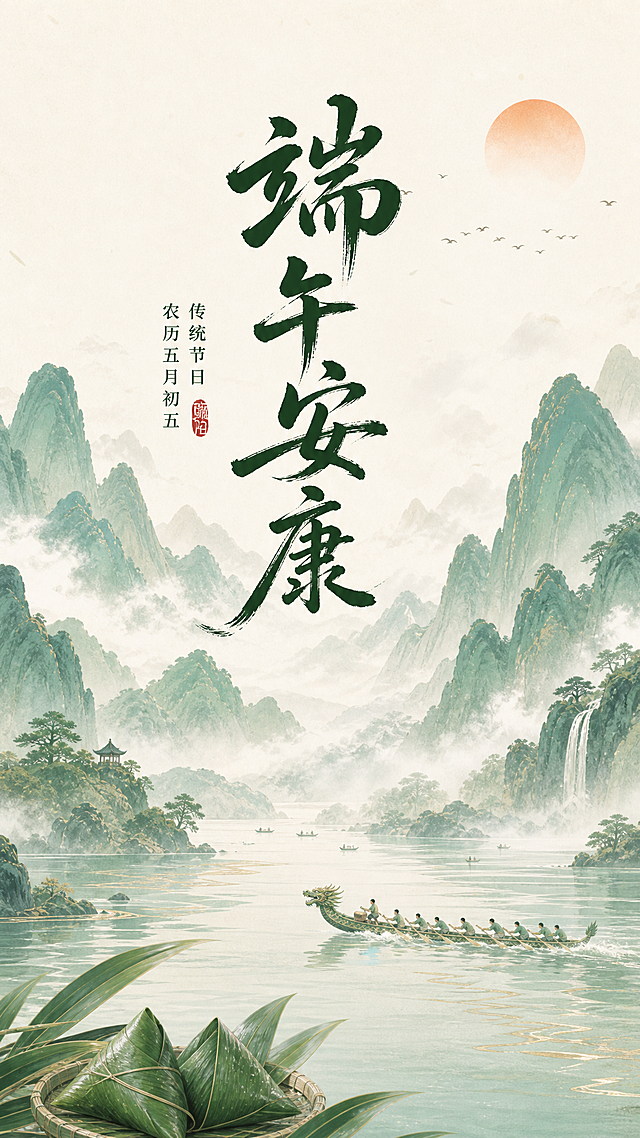 重新设计端午海报，更换为更大气简约的国潮风格，保留端午安康、传统节日农历五月初五文字，要有更开阔的山水构图，整体更雄浑大气，尺寸为1184x2560