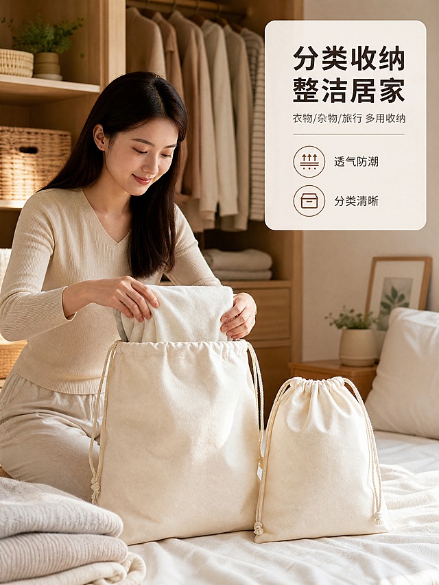 [商品] 使用【图1】米白色帆布束口袋大号和中号；保留抽绳束口、帆布材质和米白本色；人物手持或放置在收纳场景中。
[画面] 第5张人物使用页，目标展示真实居家收纳互动；中景构图，亚洲女性双手正在将折叠好的衣物放入大号束口袋中，背景为温馨居家衣柜/卧室场景，暖调自然光，产品占画面45%。
[视觉] 套系策略：风格=日系自然质朴商业摄影；标题字=思源黑体粗体；正文字=思源黑体常规；主色=米杏白；背景延展=基于米杏白做深浅层级、同色渐变和细腻居家木质/织物质感；强调色=原木棕，仅用于小面积图标、引线和标签；标题色=深炭棕；正文色=中暖灰；组件=圆角浅底信息卡、细线引线、原木色标签；光影=左前侧暖柔光，柔和阴影。
[文字] 右上角信息卡主标题"分类收纳 整洁居家"，副标题"衣物/杂物/旅行 多用收纳"，2个短卖点：透气防潮、分类清晰；文字横向排版，不遮挡人物和产品。
[规格] 图片比例3:4竖版，4K，避免变形、错字、文字过小、冷蓝/蓝灰背景、产品颜色改变。