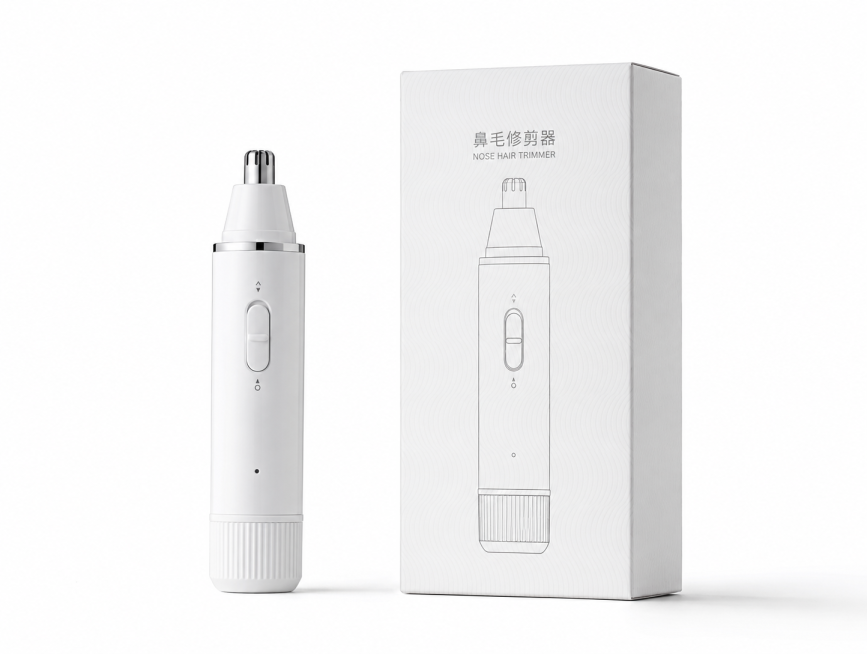 纯白背景下，平行立放着2个产品，平视视角。产品1：白色鼻毛修剪器。产品2：鼻毛修剪器礼盒，白色礼盒，礼盒正面印有鼻毛修剪器的线稿元素，侧面无元素，礼盒竖直立体摆放，礼盒整体有淡淡的底纹，专业影棚侧方柔预览效果