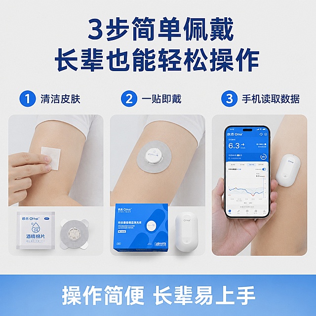 [主图-4] 欧态动态血糖仪三步佩戴流程主图
[氛围风格] 步骤清晰简洁，操作直观，拼多多实用风格
[画质] 商业摄影质感，光线柔和通透，产品清晰真实，画面干净高级
[元素] 整体布局为顶部标题+下部三步骤横排展示，浅灰色干净背景，保持产品外观（物理结构、材质质感、颜色）与输入产品图绝对一致，杜绝任何变形和色差，三个步骤依次横排展示：第一步清洁皮肤，展示酒精棉片清洁皮肤；第二步一贴即戴，展示探头粘贴到手臂；第三步手机读取数据，展示手机APP连接读取，每个步骤配有产品小图和文字说明，整体画面饱满信息清晰
[光影] 每个步骤光照均匀一致，产品轮廓清晰，阴影过渡自然，文字区域亮度足够
[配色] 浅灰色背景，蓝白产品色，步骤序号用蓝色圆形白字标注，深蓝色说明文字，对比清晰
[视角构图] 正面平视，三分横排构图，每个步骤区域大小一致，对称工整
[文字版式] 顶部主标题居中大字加粗深蓝色："3步简单佩戴 长辈也能轻松操作"；下方每个步骤左侧蓝色圆形白字标注序号，右侧配产品小图和对应小字说明：1清洁皮肤 2一贴即戴 3手机读取数据；底部通栏浅蓝色底放置文案："操作简便 长辈易上手"，白色大字居中，所有文字清晰不遮挡产品主体
[输出要求] 1:1比例，文字清晰可辨，超高清商业摄影质感，宽度1024 高度1024
[负向提示词] 变形，文字错乱，产品图模糊，背景杂乱，水印，拼多多平台Logo，绝对化违禁词